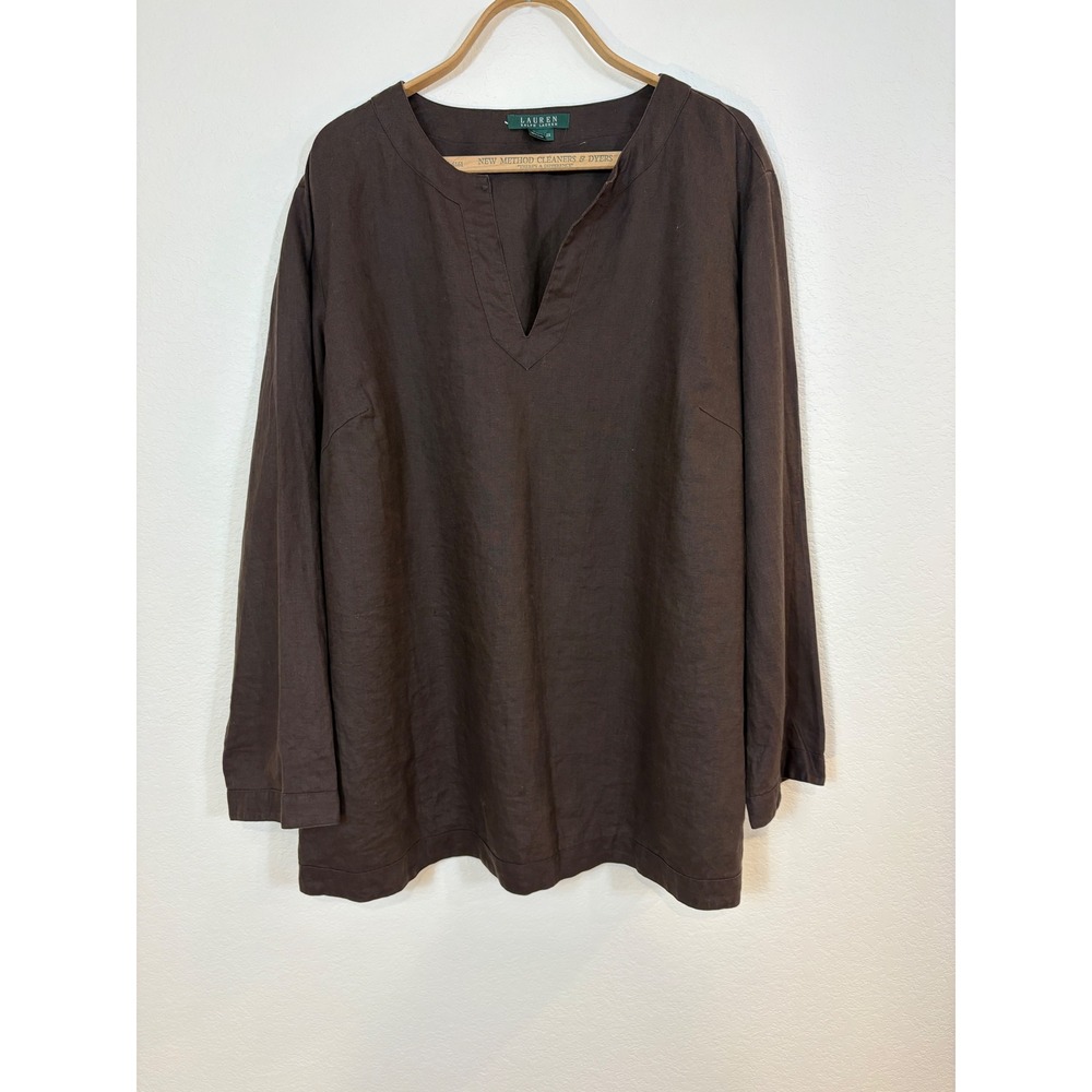 Lauren Ralph Lauren 100% Linen Lagenlook Tunic Top Chocolate Brown Women's‎ 2X